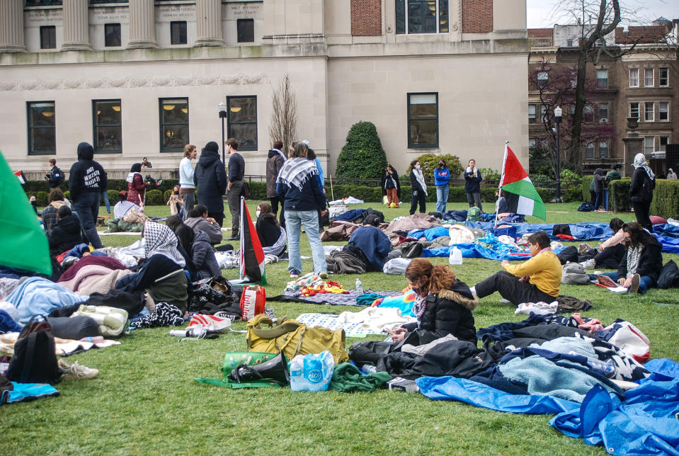 Pro-Palestinian student protesters resumed a third day of demonstrations on April 19, 2024 at New York’s Columbia University. (Isabella Farfan / NBC News)