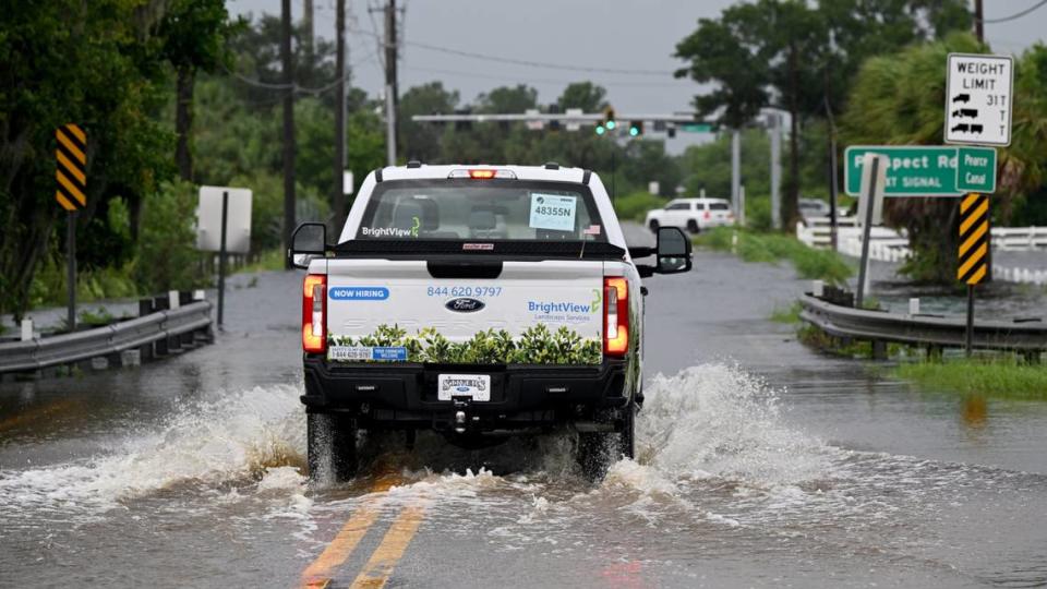 Several roads are closed in Manatee County as now Hurricane Debby swept through the area, including Whitfield just west of Prospect Road, on Monday, Aug. 5, 2024.