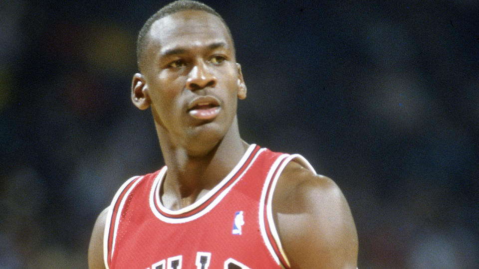 Michael Jordan is pictured on court for the Chicago Bulls.