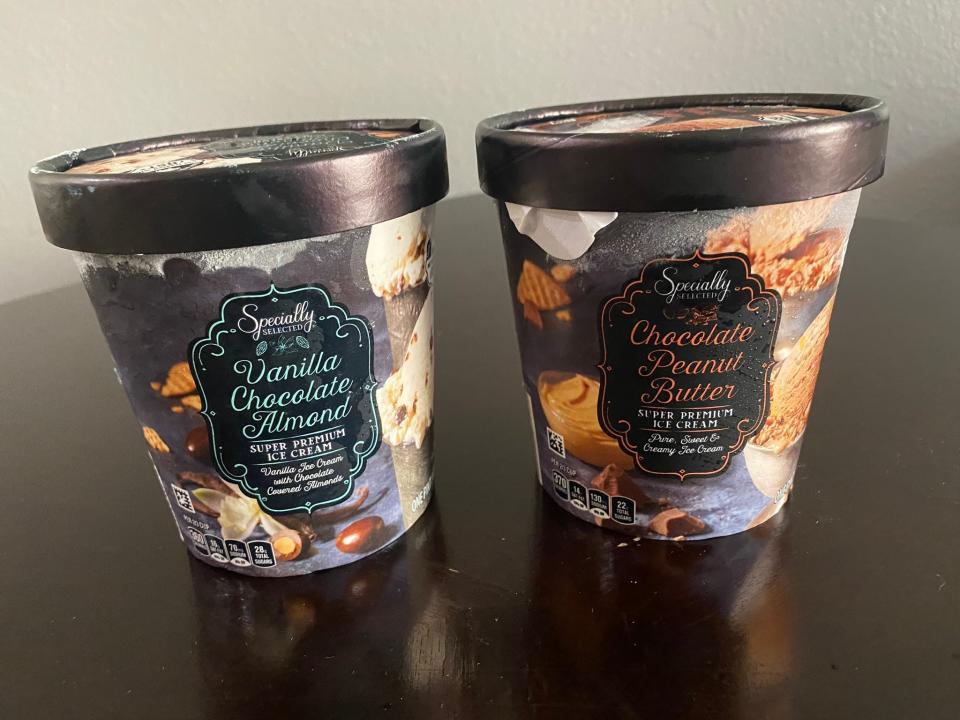 Specially Selected ice-cream containers in vanilla-chocolate-almond and chocolate-peanut-butter flavors