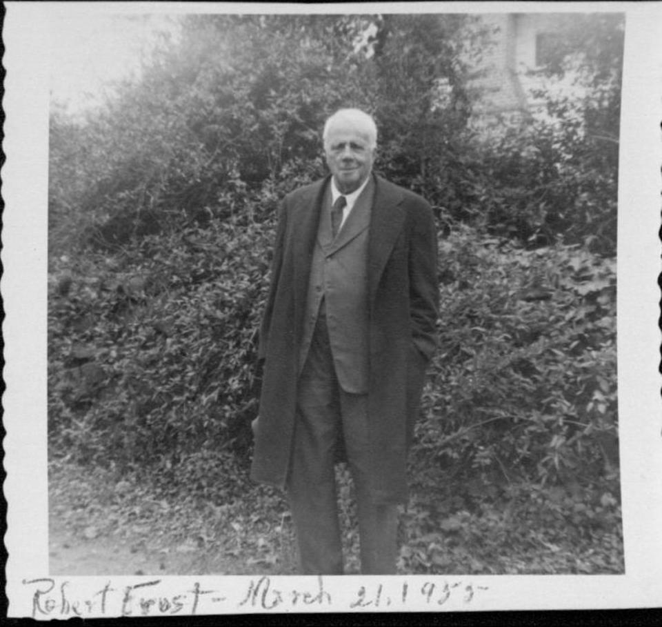 Poet Robert Frost is photographed at 111 Battle Lane in Chapel Hill on March 21, 1955.