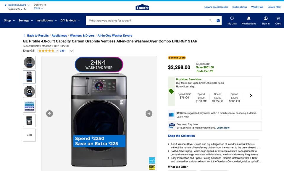 A GE Profile all-in-one Washer/Dryer Combo on sale at Lowes.com