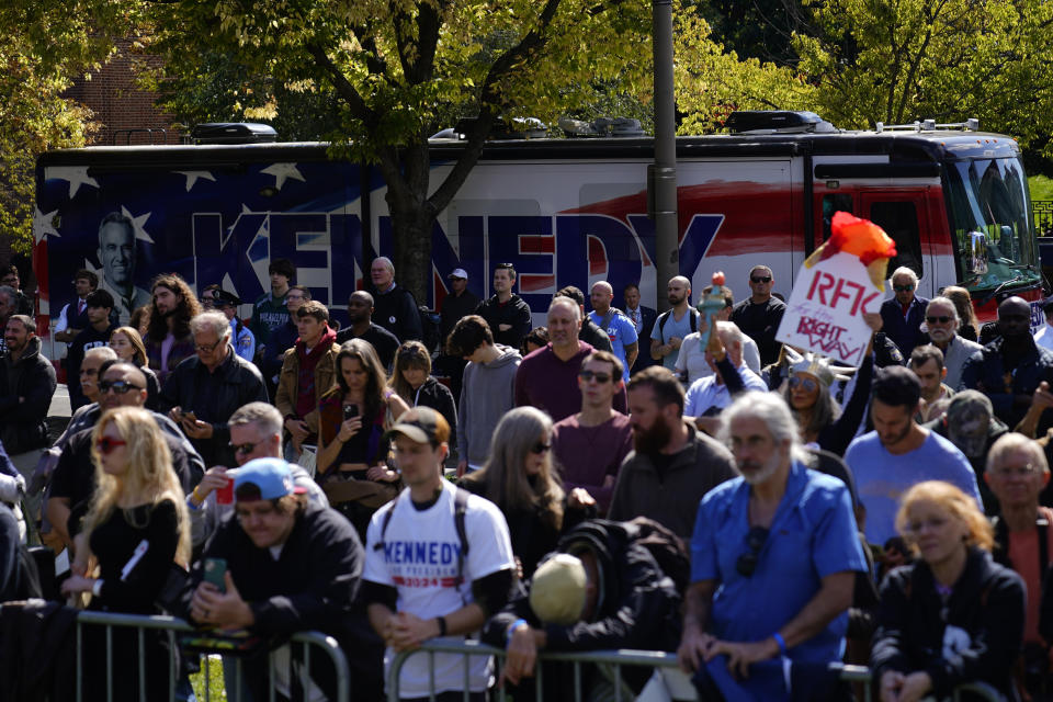 Supporters watch as Presidential candidate Robert F. Kennedy, Jr. speaks during a campaign event at Independence Mall, Monday, Oct. 9, 2023, in Philadelphia. (AP Photo/Matt Rourke)