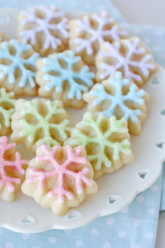 <p>Glorious Treats</p><p>Buttery, sweet cookies dressed up in their holiday best.</p><p><strong>Get the recipe: <a href="https://www.glorioustreats.com/spritz-snowflake-cookies/" rel="nofollow noopener" target="_blank" data-ylk="slk:Spritz Snowflake Cookies;elm:context_link;itc:0;sec:content-canvas" class="link ">Spritz Snowflake Cookies</a></strong></p>
