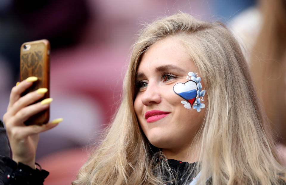 <p>A Russia fan in the stands during the FIFA World Cup 2018, Group A match at the Luzhniki Stadium, Moscow. (Photo by Adam Davy/PA Images via Getty Images) </p>