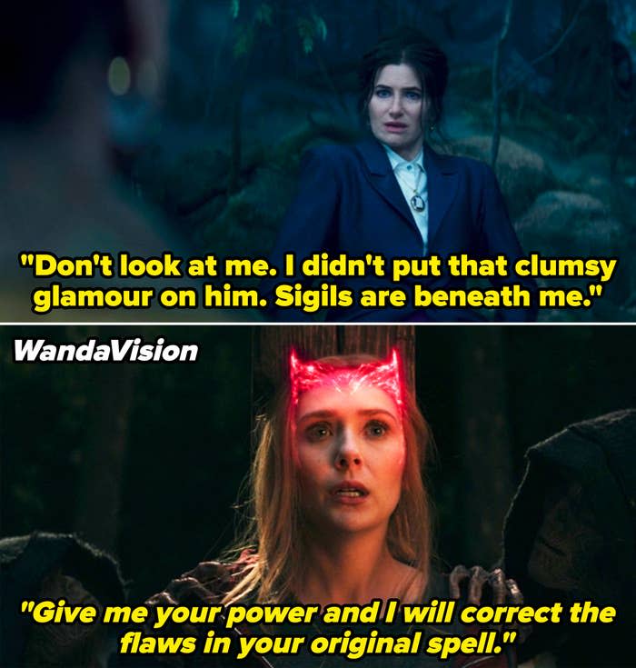 Kathryn Hahn as Agatha Harkness above and Elizabeth Olsen as Scarlet Witch with Glowing Horns below in a scene from Agatha All Along and a scene from WandaVision