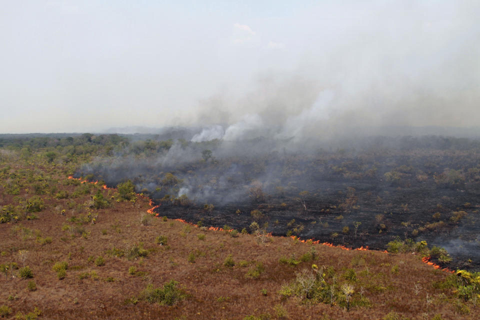 In this photo released by IBAMA, the Brazilian Environmental and Renewable Natural Resources Institute, a forest fire burns in Xingu Indigenous Park in Mato Grosso in Brazil's Amazon basin on Aug. 25, 2016. A new study, May 18, 2023, finds the natural burst of El Nino warming that changes weather worldwide is far costlier with longer-lasting expenses than experts had thought, averaging trillions of dollars in damage. (Vinicius Mendonca/IBAMA via AP, File)