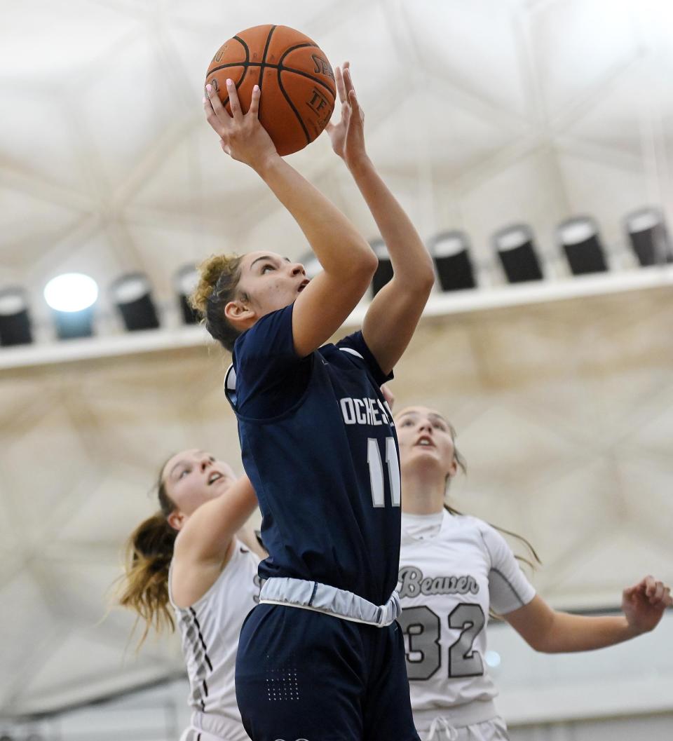 Rochester's Corynne Hauser shoots during the C.J. Betters tournament on Tuesday, Dec. 28, 2021, at the Community College of Beaver County.