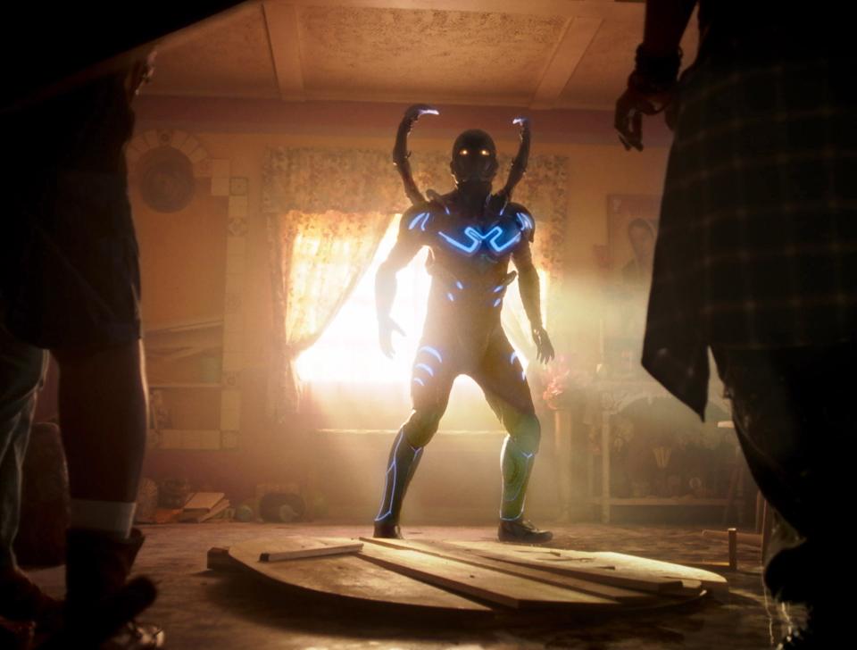 Xolo Maridueña stars as a recent college grad who becomes the host of an ancient relic of alien biotechnology that gives him an armored suit and unpredictable powers in "Blue Beetle."