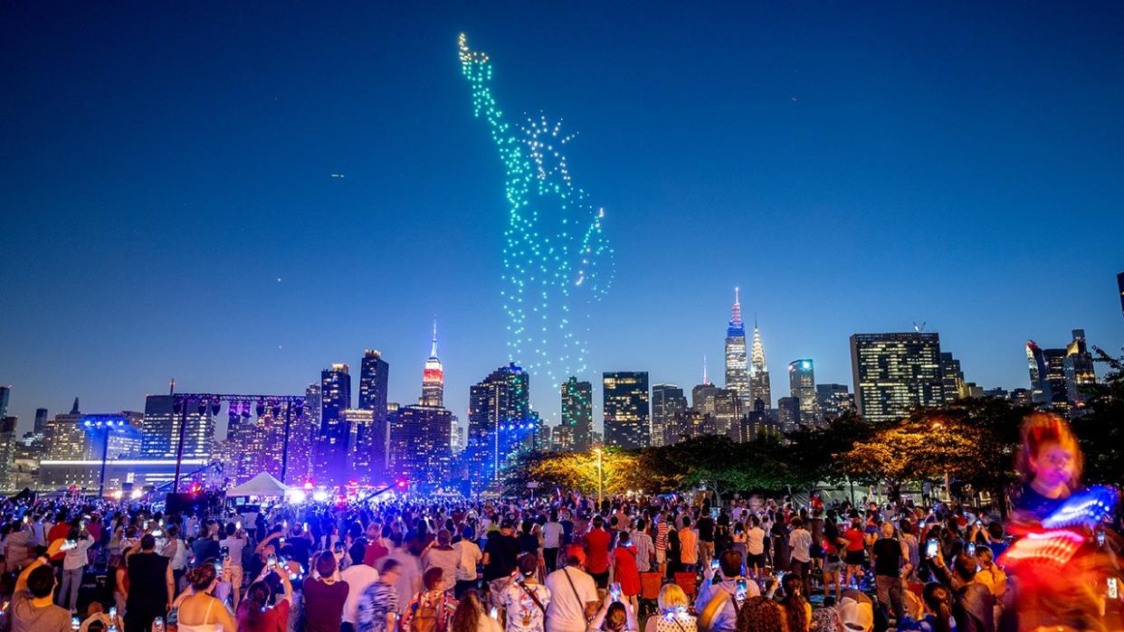 <div>Drones perform a light show in the form of the Statue of Liberty before the Macy's fireworks display celebrating the United States 247th independence day on July 4, 2023 in New York City. (Photo by Roy Rochlin/Getty Images)</div>