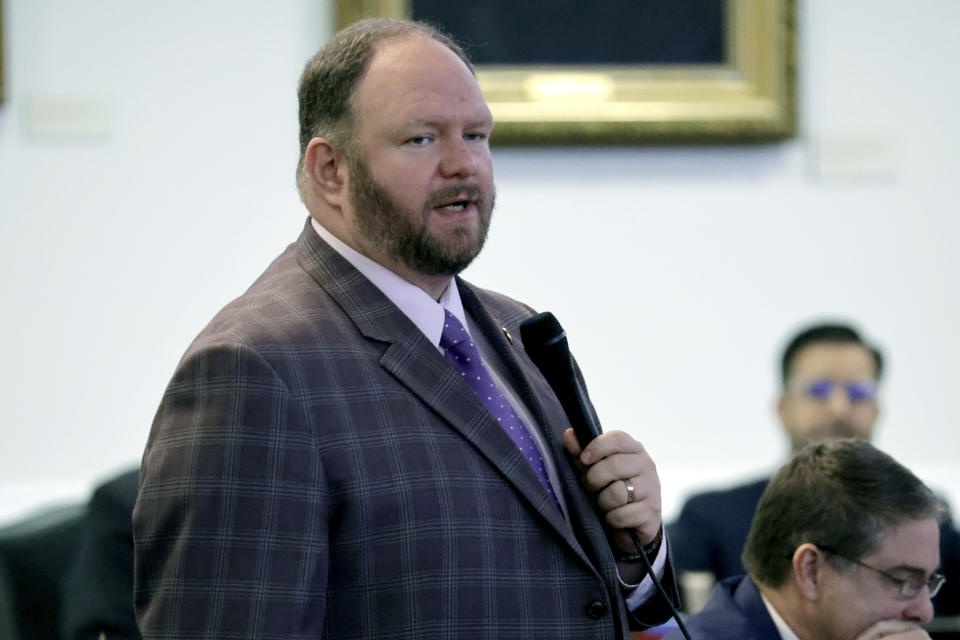 Sen. Ralph Hise (R-Mitchell), one of the sponsors of a congressional redistricting bill, speaks as the North Carolina Senate debates the bill at the Legislative Building, Tuesday, Oct. 24, 2023, in Raleigh, N.C. (AP Photo/Chris Seward)