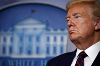 President Donald Trump listens during a briefing about the coronavirus in the James Brady Press Briefing Room of the White House, Thursday, April 2, 2020, in Washington. (AP Photo/Alex Brandon)