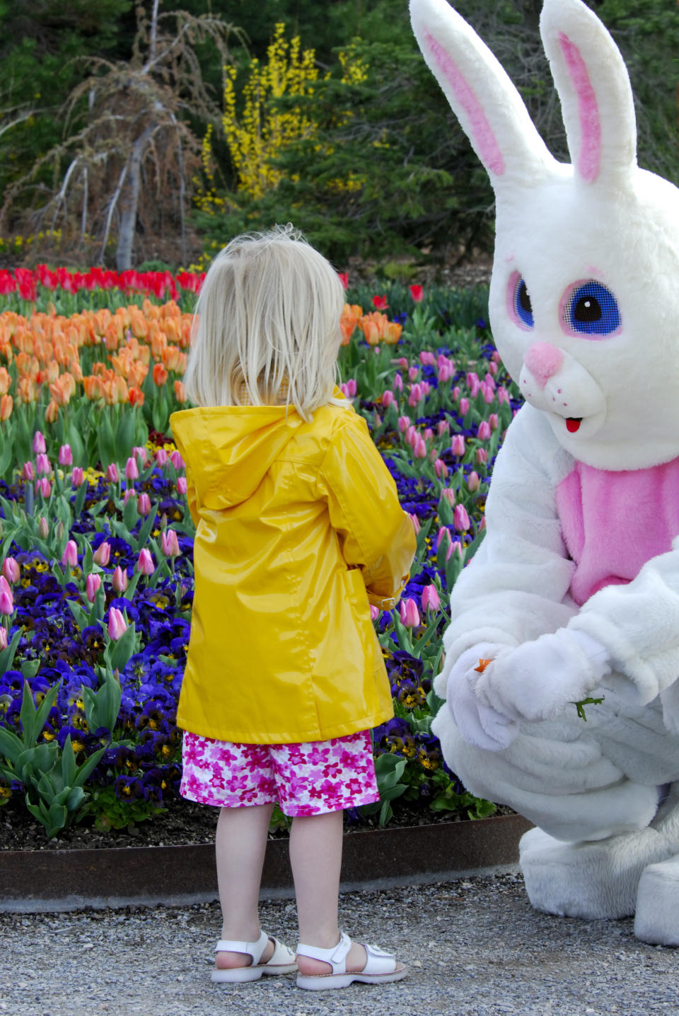 A child in a yellow raincoat interacts with an Easter Bunny costume character in a garden with colorful flowers