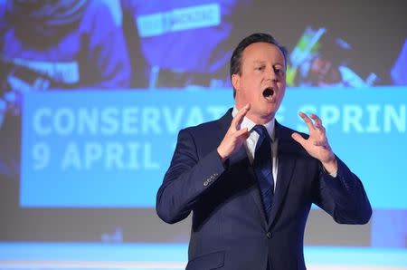 Britain's Prime Minister, David Cameron, addresses the Conservative Spring Forum in central London, Britain April 9, 2016. REUTERS/Kerry Davies/Pool