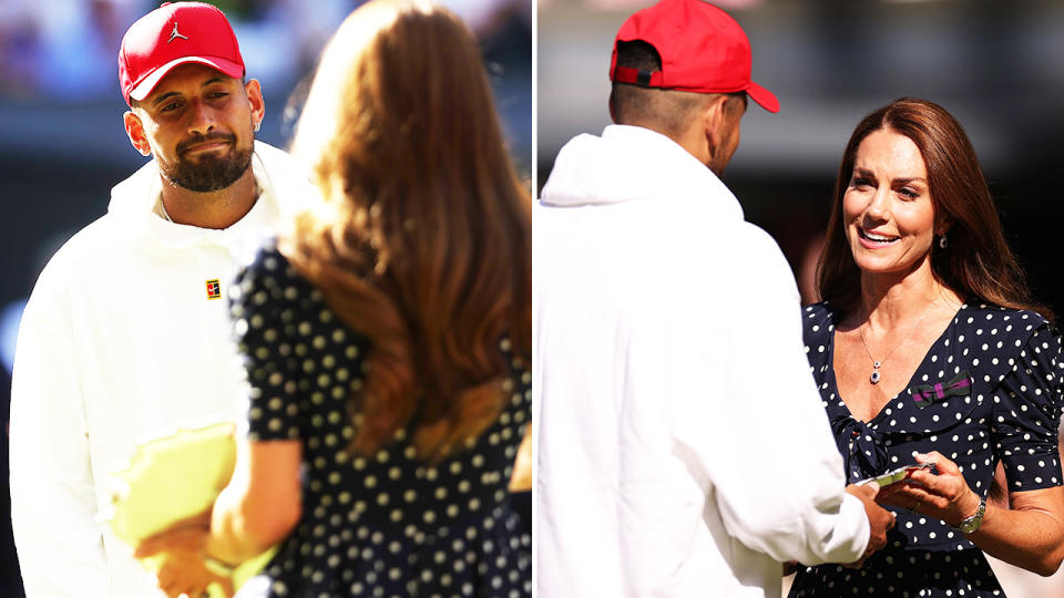 Nick Kyrgios, pictured here wearing his red hat for the Wimbledon trophy presentation.