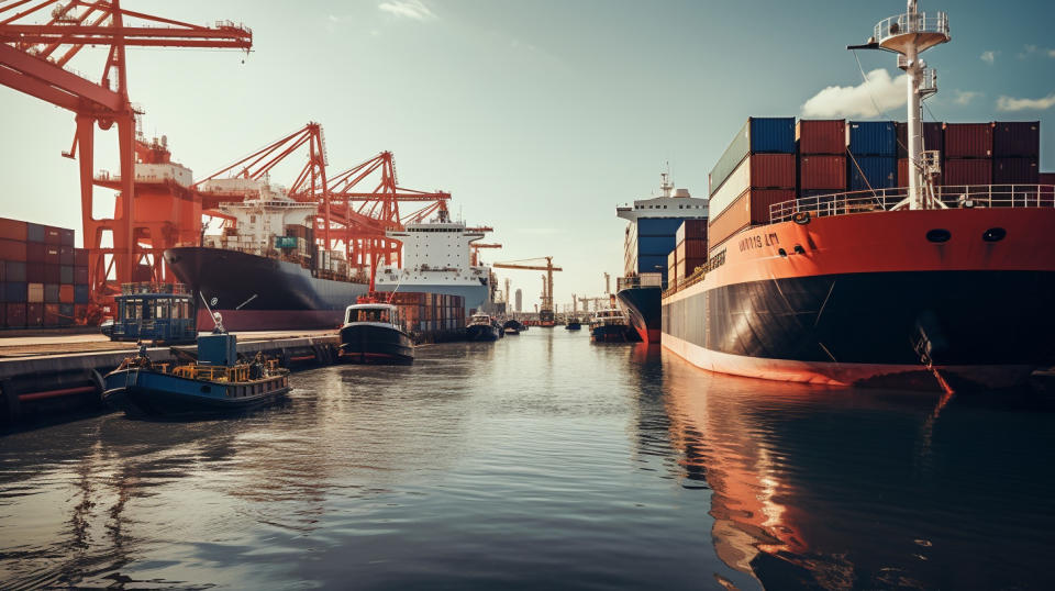 A large tanker ship and manys small boats at a port, illustrating the vast maritime activities of the company.