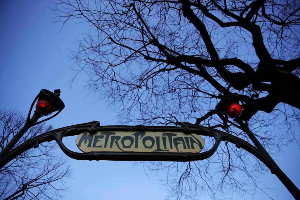 The Paris subway is pictured during a minimal strike, in Paris, Monday, Feb. 17, 2020. Emmanuel Macron's divisive reform on pensions is making its way to be debated by lawmakers at the lower house of parliament, the National Assembly, on Monday in a process that could take months. (AP Photo/Christophe Ena)