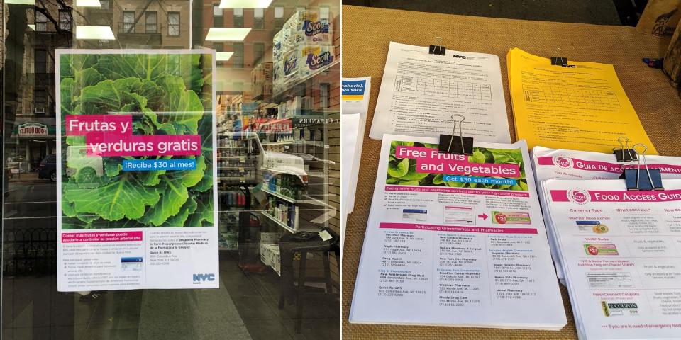 Flyers for the Pharmacy to Farm program in the window of the QuickRx Specialty Pharmacy on Manhattan's Upper West Side (left) and at the Union Square Greenmarket (right). (Photo: Courtesy NYC Department of Health and Mental Hygiene/Amanda Schupak/HuffPost)