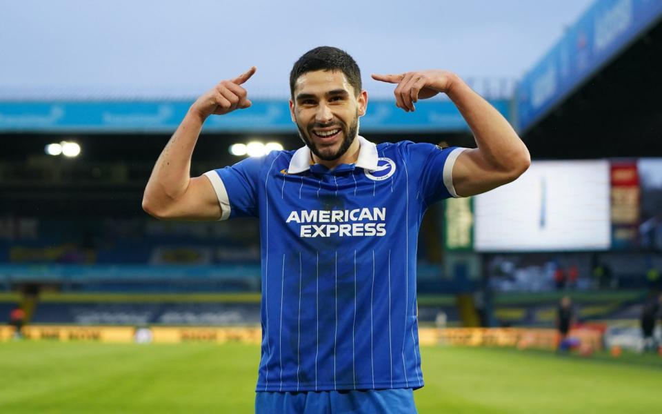 Brighton and Hove Albion's Neal Maupay celebrates scoring his side's first goal of the game during the Premier League match at Elland Road - PA