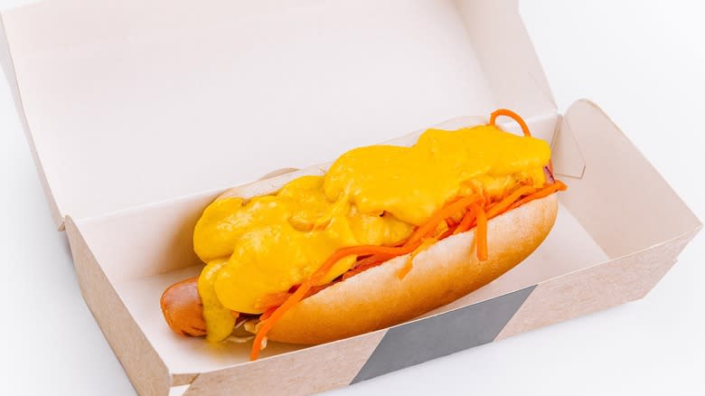 hot dog with melted cheese