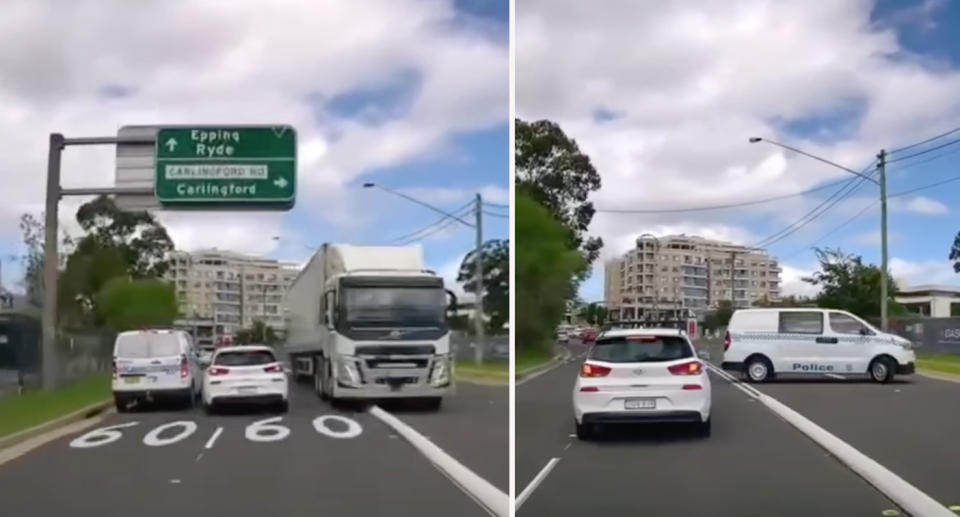 Police van and white hatchback move out of the way after Woolworths truck crosses middle lines. 