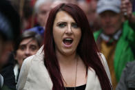 Deputy leader of the far-right organisation Britain First, Jayda Fransen gestures as she participates in a march in central London on April 1, 2017. / AFP PHOTO / Daniel LEAL-OLIVAS (Photo credit should read DANIEL LEAL-OLIVAS/AFP via Getty Images)