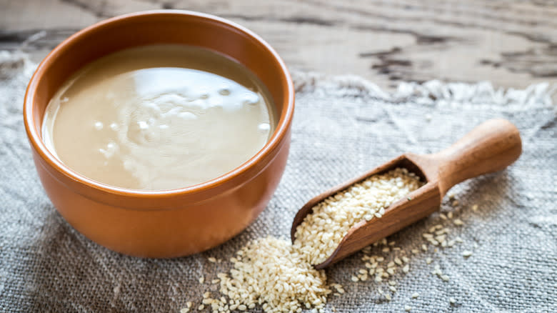 bowl of tahini sesame seeds