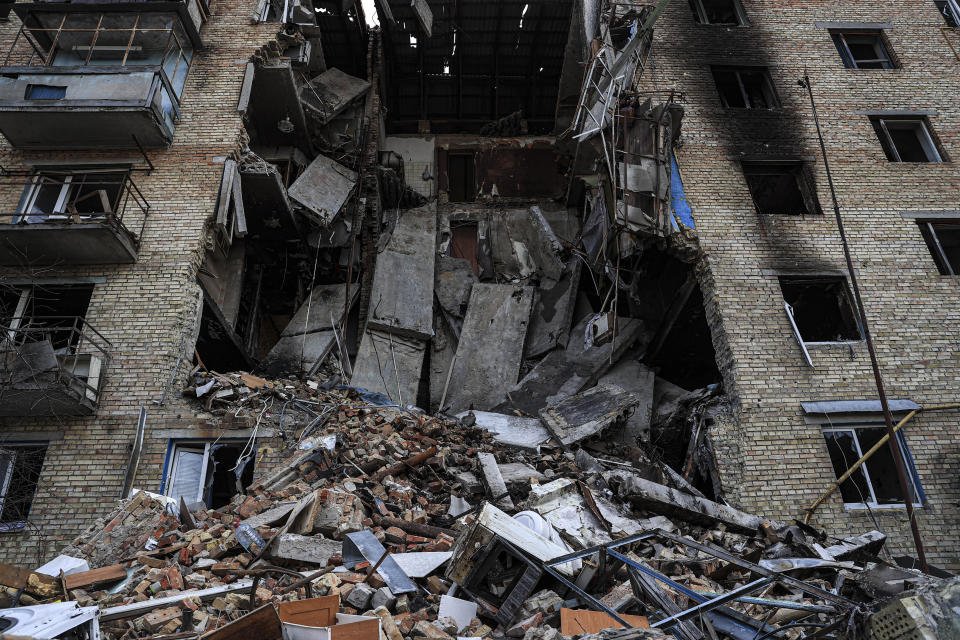 A completely destroyed building is seen after shelling in Horenka district of Bucha, Ukraine.