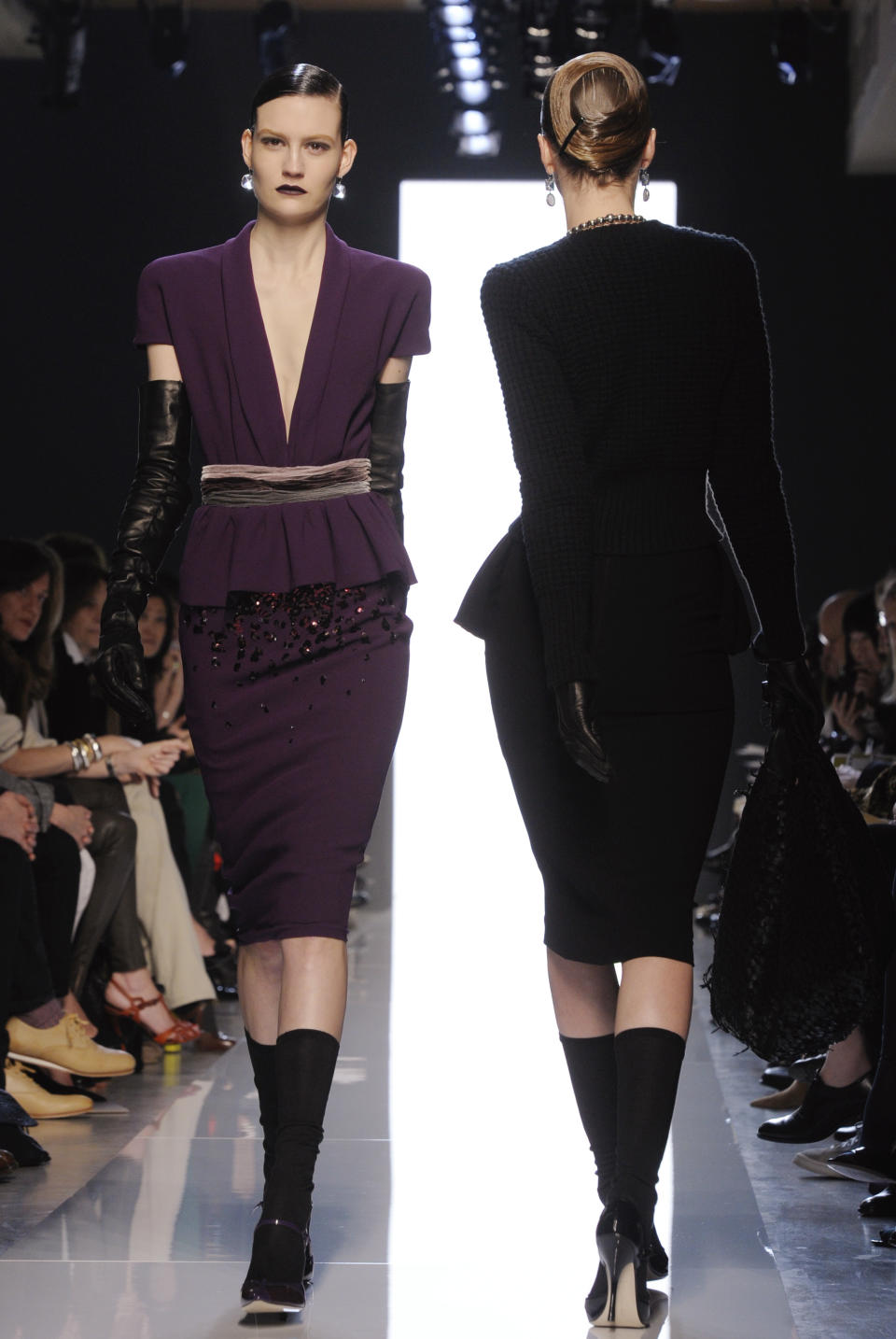 Models wear creations part of the Bottega Veneta Women's Fall-Winter 2012-13 fashion collection, presented in Milan, Italy, Saturday, Feb. 25, 2012. (AP Photo/Giuseppe Aresu)