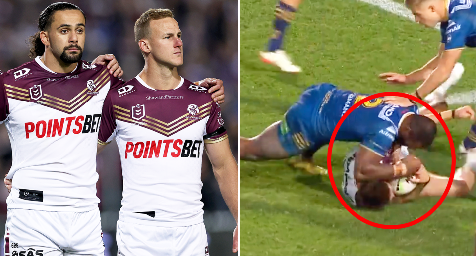 Pictured left Sea Eagles players and right Maika Sivo