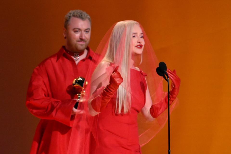 Kim Petras accepts the award for best pop duo/group performance with Sam Smith for “Unholy,” and became the first transgender woman to win the category.