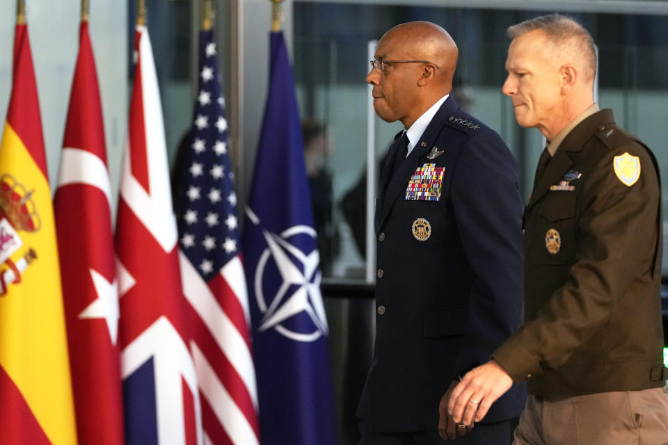 Chairman of the Joint Chiefs of Staff, U.S. Air Force General CQ Brown, center, arrives for a meeting of NATO defense ministers at NATO headquarters in Brussels, Wednesday, Oct. 11, 2023. Ukraine's President Volodymyr Zelenskyy has arrived at NATO for meetings with alliance defense ministers to further drum up support for Ukraine's fight against Russia. (AP Photo/Virginia Mayo)