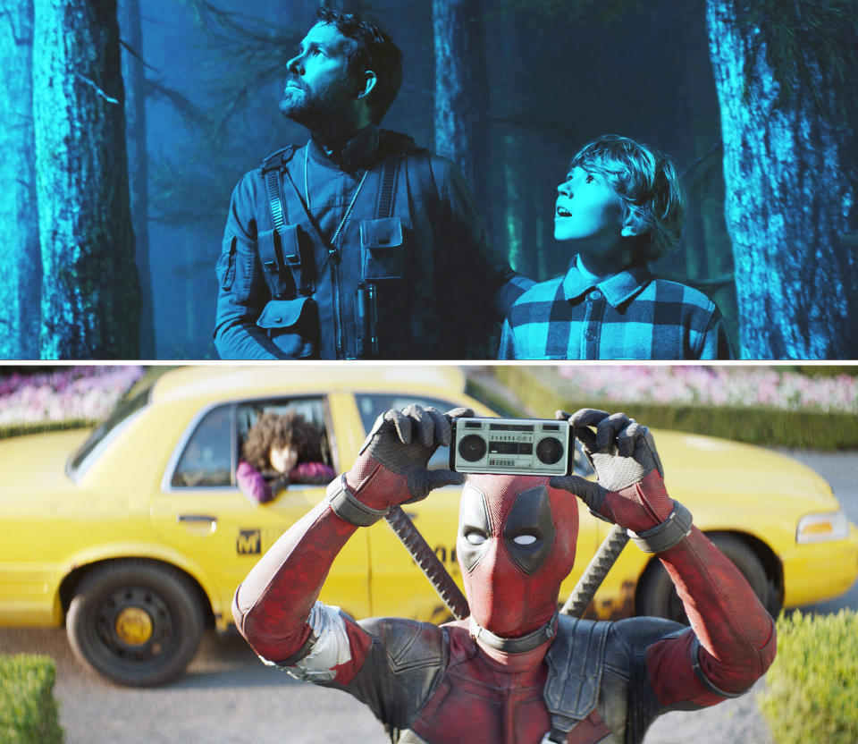 Top: The two Adams in the woods looking up; Bottom: Deadpool with a tape recorder