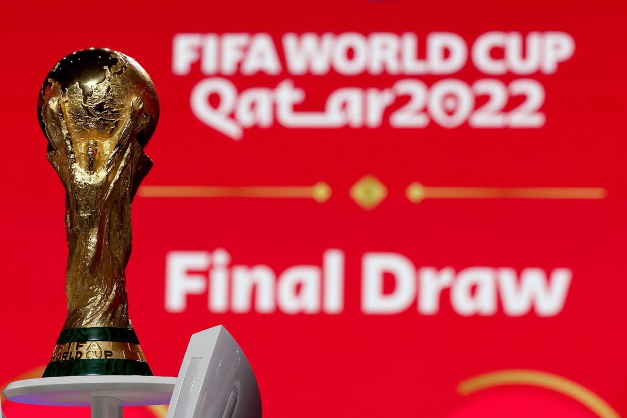 The FIFA World Cup Winners Trophy is pictured prior to the FIFA World Cup Qatar 2022 Final Draw at the Doha Exhibition and Convention Center on March 29, 2022 in Doha, Qatar.