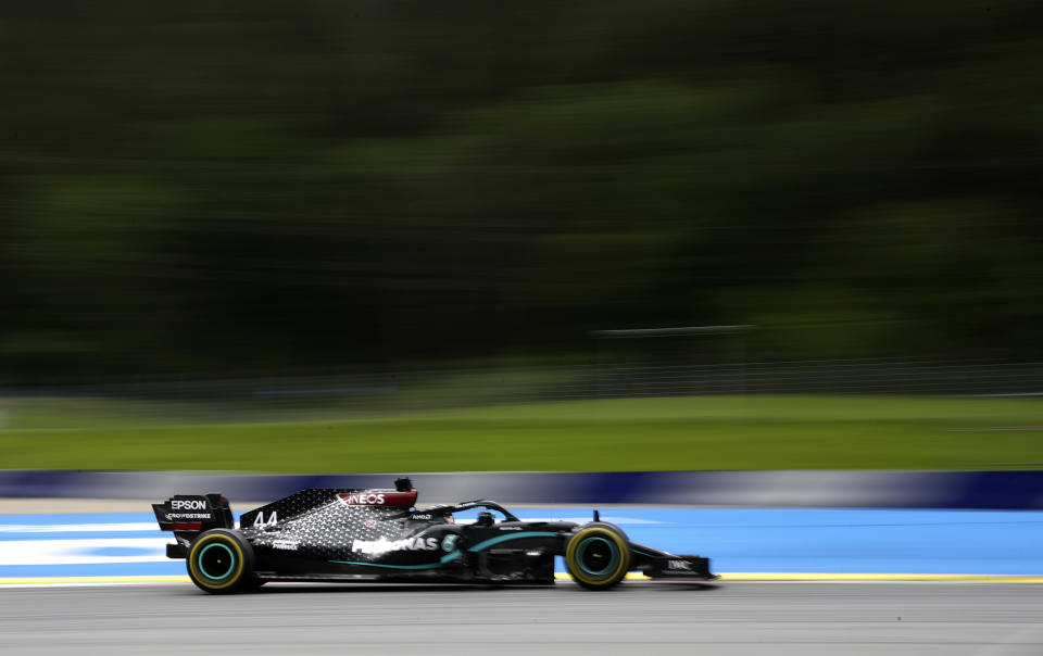 Mercedes driver Lewis Hamilton of Britain steers his car during the second practice session at the Red Bull Ring racetrack in Spielberg, Austria, Friday, July 3, 2020. The Austrian Formula One Grand Prix will be held on Sunday. (Mark Thompson/Pool via AP)