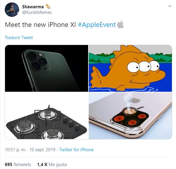 La presentación de los nuevos iPhone se ha llenado de memes por un cambio que ha hecho la compañía de Cupertino. La triple cámara trasera incorporada ha provocado que en las redes le busquen parecidos, los memes han sido numerosos.<br><br>Foto: Twitter/<a href="https://twitter.com/KurdsMemes" rel="nofollow noopener" target="_blank" data-ylk="slk:@Kurdsmemes;elm:context_link;itc:0;sec:content-canvas" class="link ">@Kurdsmemes</a>