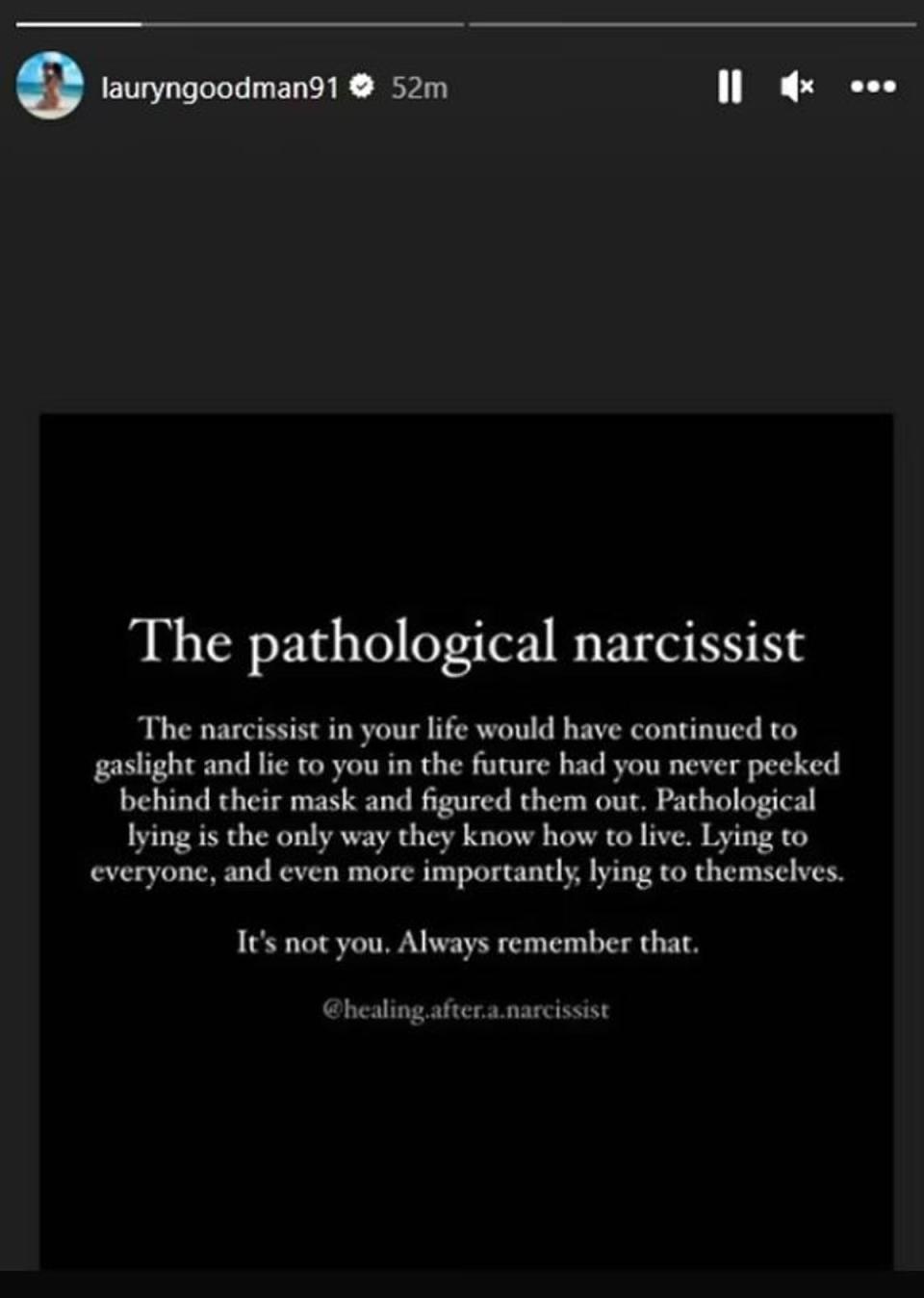 Lauren Goodman shared a post on Instagram Stories defining a 'pathological narcissist' (Instagram)