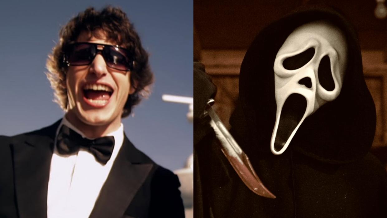  Andy Samberg singing "I'm On A Boat" in Lonely Island music video in a tux and shades / Ghostface posing with a bloody knife. 