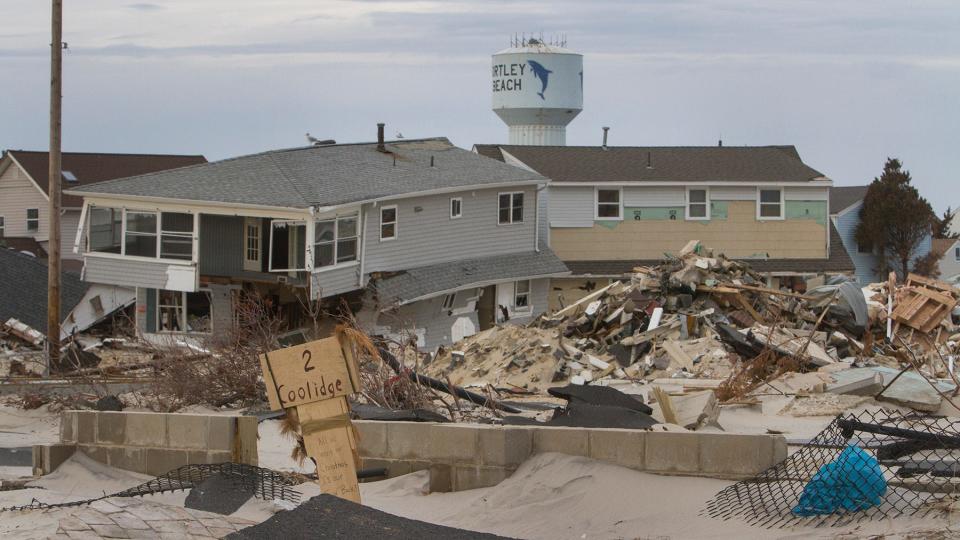 The aftermath of Superstorm Sandy's severe flooding is seen on Coolidge Avenue in Seaside Heights, looking toward Ortley Beach.