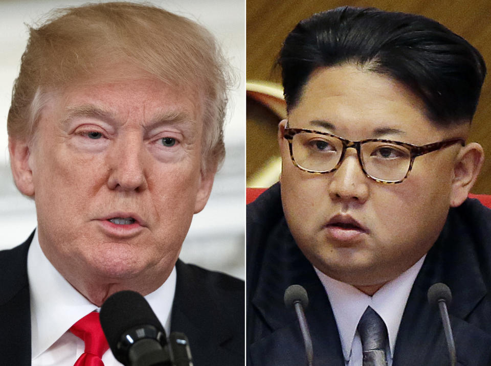 <p> FILE - This combination of two file photos shows U.S. President Donald Trump, left, speaking in the State Dining Room of the White House, in Washington on Feb. 26, 2018, and North Korean leader Kim Jong Un attending in the party congress in Pyongyang, North Korea on May 9, 2016. Kim Jong Un is "Little Rocket Man" no more. In the year since Donald Trump's searing, debut UN speech fueled fears of nuclear conflict with North Korea, the two leaders have turned from threats to flattery. But as the U.S. president readies his second address to the world body, likely in Kim's absence, he'll have to address the elephant in the room _ North Korea's continuing reluctance to disarm. (AP Photo/Evan Vucci, Wong Maye-E, File) </p>