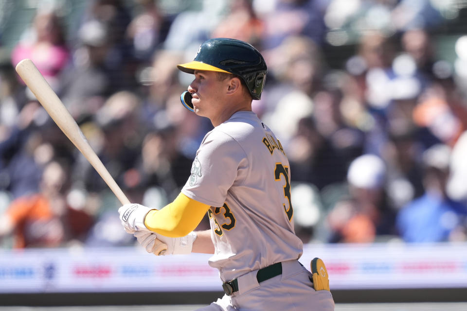 Oakland Athletics' JJ Bleday connects for a RBI single to center during the first inning of a baseball game against the Detroit Tigers, Sunday, April 7, 2024, in Detroit. (AP Photo/Carlos Osorio)