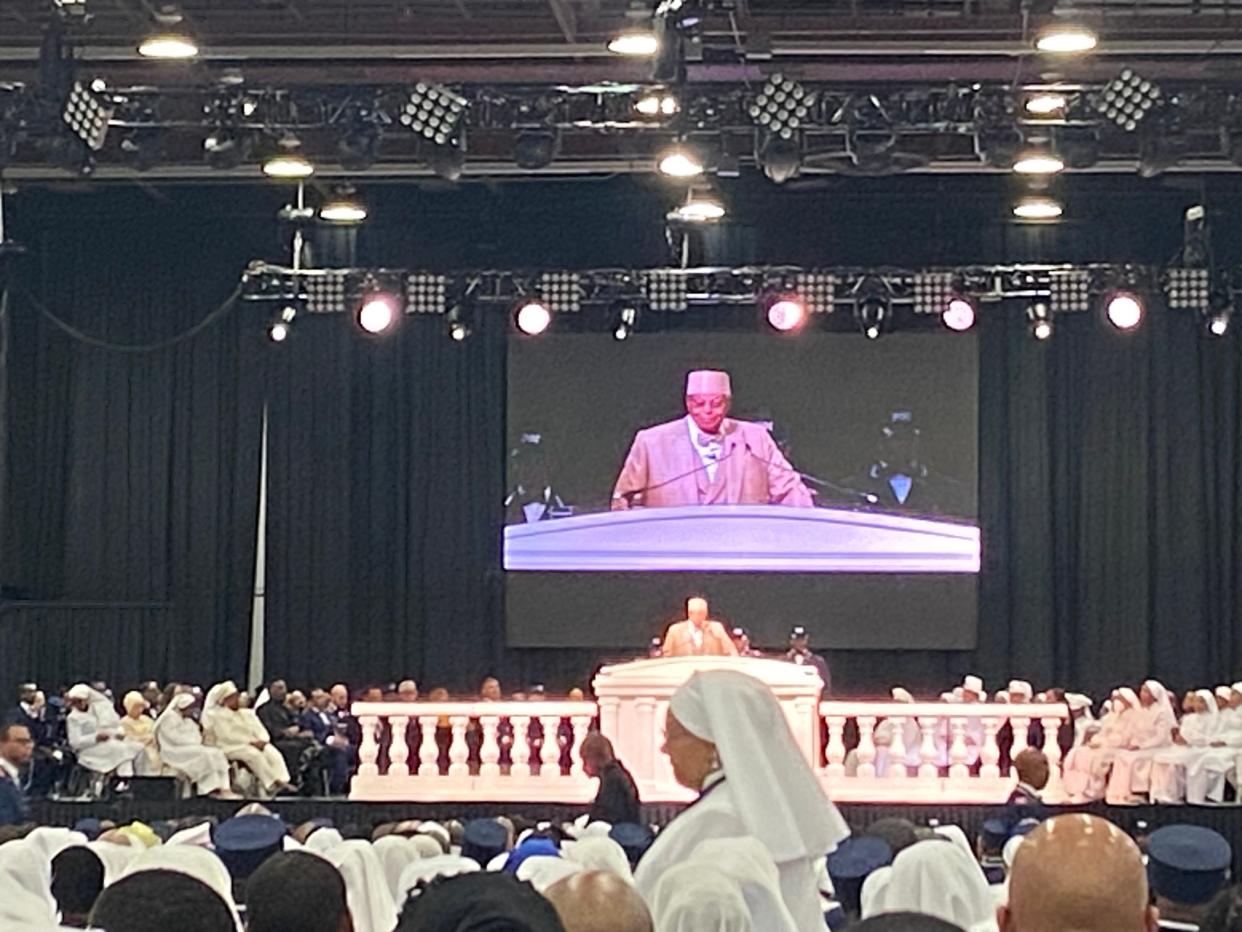 Hon. Minister Louis Farrakhan speaks to thousands in downtown Detroit at Huntington Place on Saviours' Day on Feb. 25, 2024, expressing sympathy for Palestinians and Jews killed in recent months.