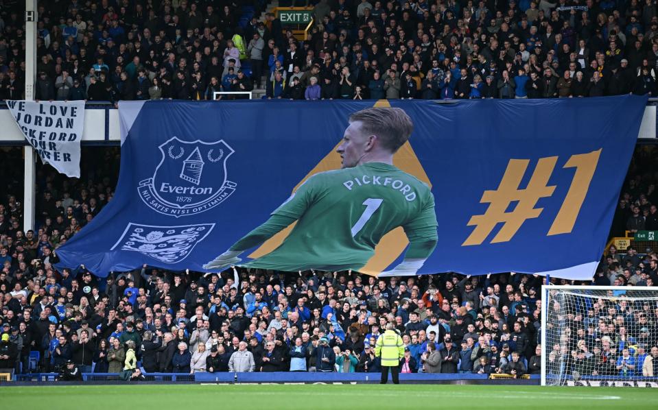 A giant banner for Jordan Pickford at Everton's ground Goodison Park in their Premier League match against Newcastle United.