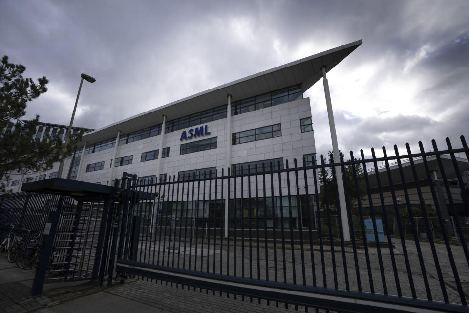 Exterior view of the head office of ASML, a leading maker of semiconductor production equipment, in Veldhoven, Netherlands, Monday, Jan. 30, 2023. ASML says the U.S., Dutch and Japanese officials are close to an agreement to limit China's access to the technology used to make computer chips. (AP Photo/Peter Dejong)