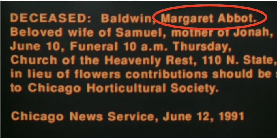 Chicago News Service obituary of Margaret Abbot, Sam's wife in "Sleepless in Seattle."