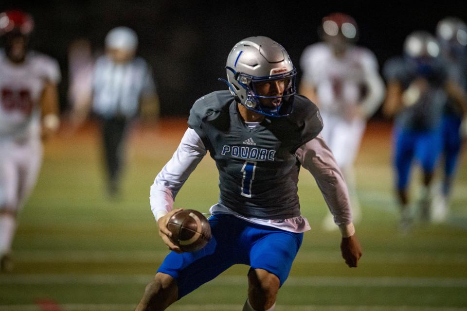 Poudre football player Jones Thomas, pictured here in a 2022 game against Fairview, is one of more than 60 local Class of 2023 athletes who have signed to play college sports.