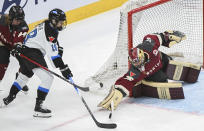 Toronto's Rebecca Leslie (19) is stopped by Montreal goaltender Ann-Renee Desbiens during the second period of a PWHL hockey game at the Bell Centre in Montreal, Saturday, April 20, 2024.(Graham Hughes/The Canadian Press via AP)