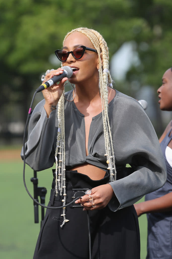 Solange Knowles performs at the Maryam Nassir Zadeh fashion show during New York Fashion Week on September 12, 2017 in New York City.