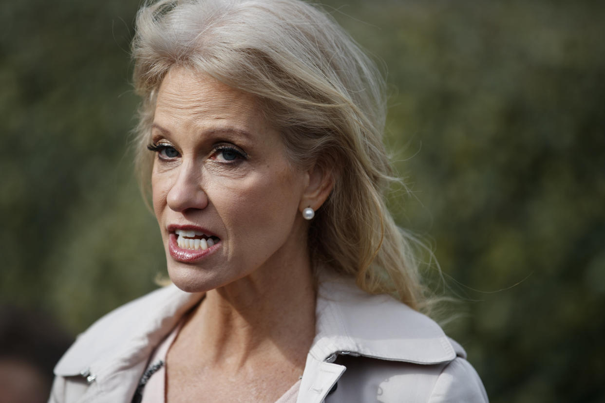 White House senior adviser Kellyanne Conway talks with reporters outside the White House, Wednesday, Jan. 23, 2019, in Washington. (AP Photo/ Evan Vucci)    