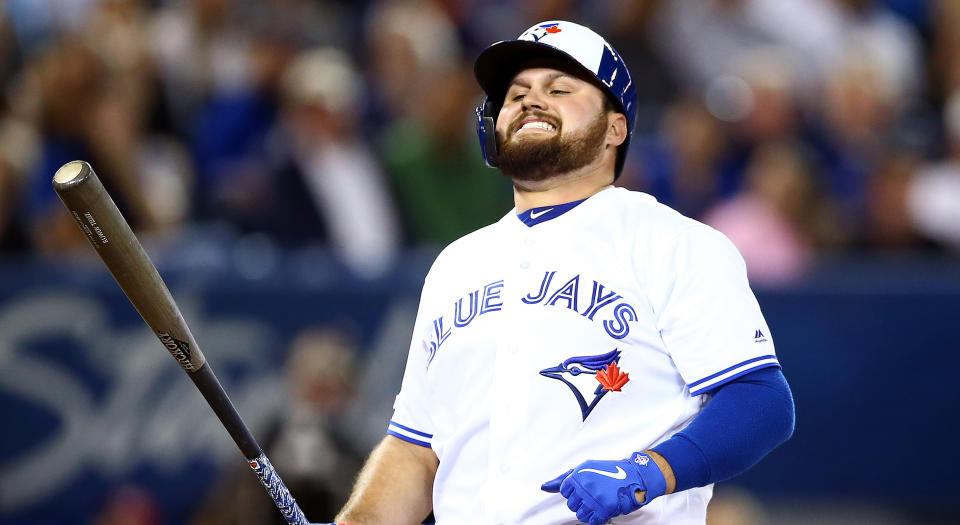 Rowdy Tellez of the Toronto Blue Jays reacts after being called out on strikes against the Boston Red Sox at Rogers Centre on September 12, 2019. (Photo by Vaughn Ridley/Getty Images)